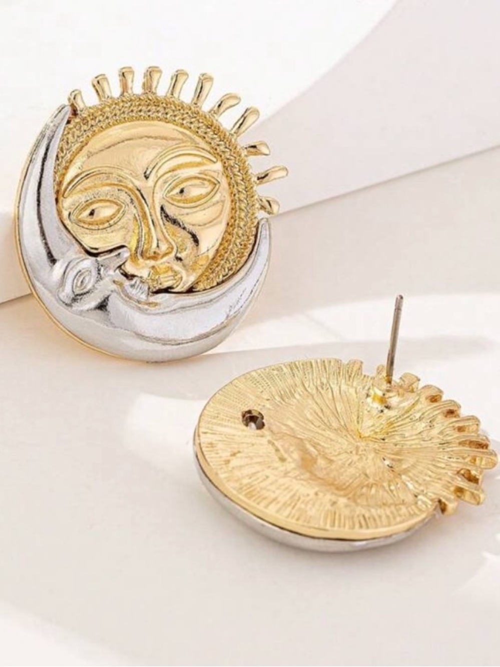 Gold & Silver Sun Face Statement Earrings - Picture 3 of 4